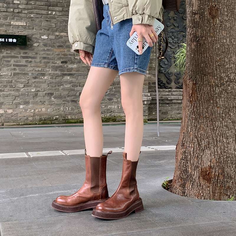 Krazing Pot Cow Leather Autumn Winter Shoes Round Toe Med Heels Slip On Concise Style Women Ankle Boots