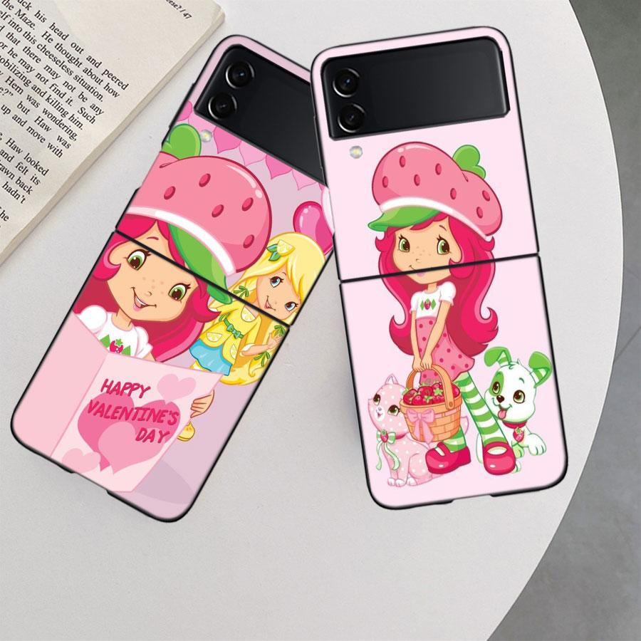 S-Strawberry Cute S-Shortcak Case for Samsung Galaxy Z Flip 6 5G Z Flip 5 4 3 5G Black Hard Cell Phone Cover Luxury PC Shell Coq