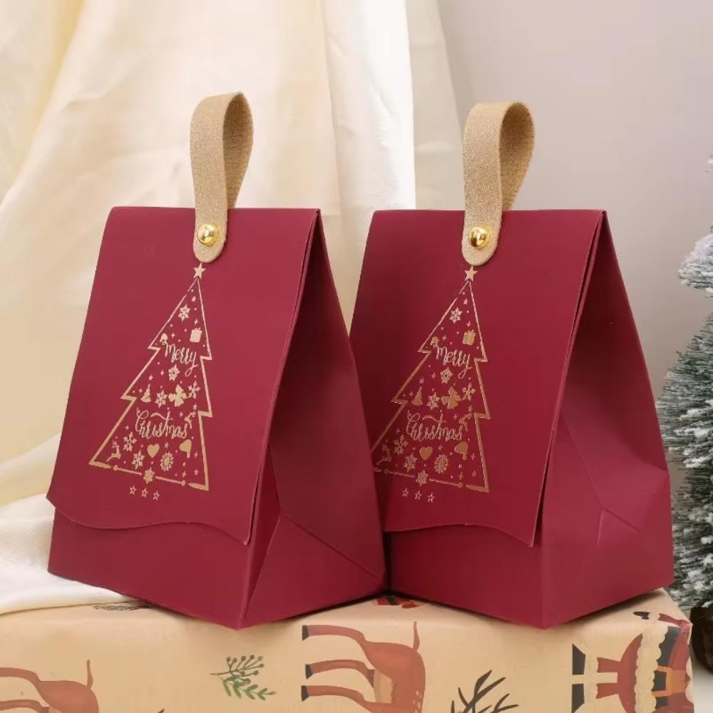 10PCS with Leather Handles Merry Christmas Candy Gift Box Hot-Stamped Cookie Package Bag Banquet