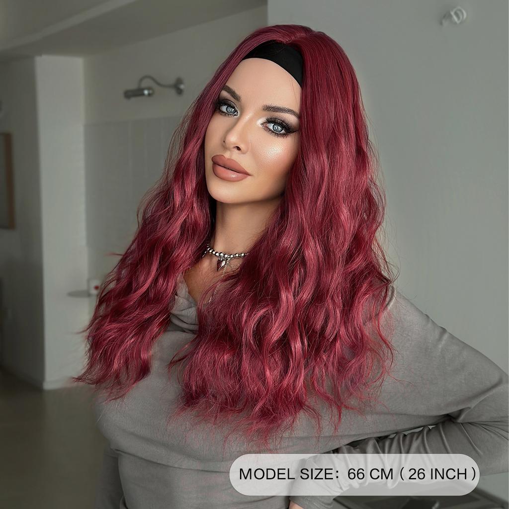 26 Inch Bright Red Long Wavy Headband Synthetic Hair Wigs Heat Resistant Fiber Natural Matt Wigs Peluca