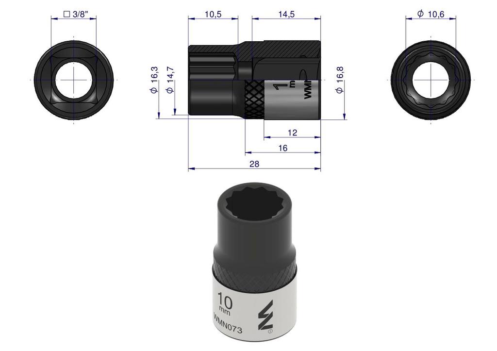 12-Point Socket 3/8". 10 Mm. Crv50Bv30. Din 3124. Waryński