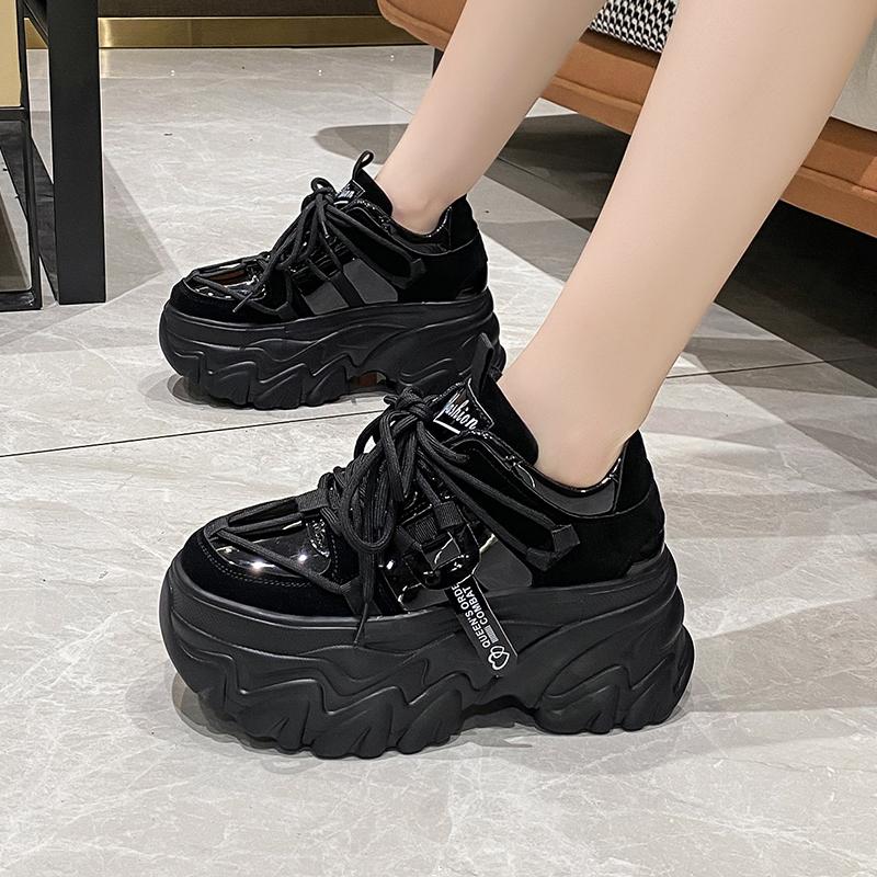 Fashion New Women Platform Sneakers Spring Autumn 8cm Chunky High Heels Bling Red Ladies Wedges Casual Dad Shoes Leather Sports Sneakers