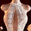 White Sexy Crotchless Lingerie Erotic Lace Outfit Babydoll Deep V Underwear Crotchless Women Exotic Bodysuit Pajamas Costumes