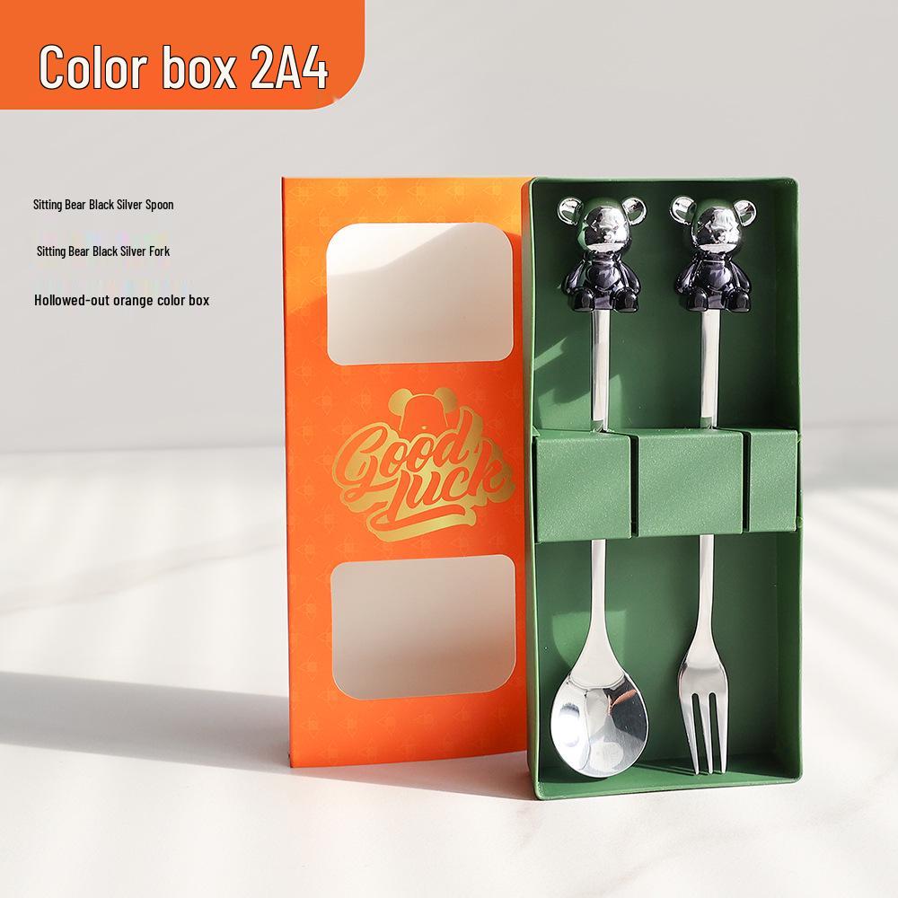 J Creative Cartoon Bear Stainless Steel Multicolor Coffee & Dessert Spoon and Fork Set