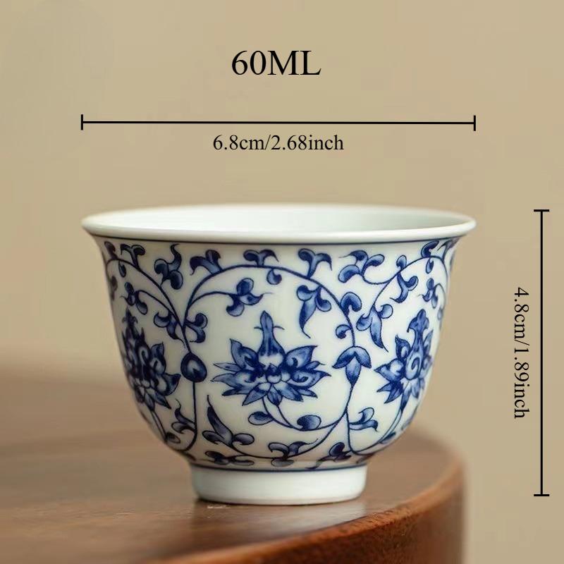 

Blue-and-white Porcelain Tea Cup Chinese Vintage Scrollwork Lotus Design Tea-tasting Cup Gongfu Tea Set 60ML