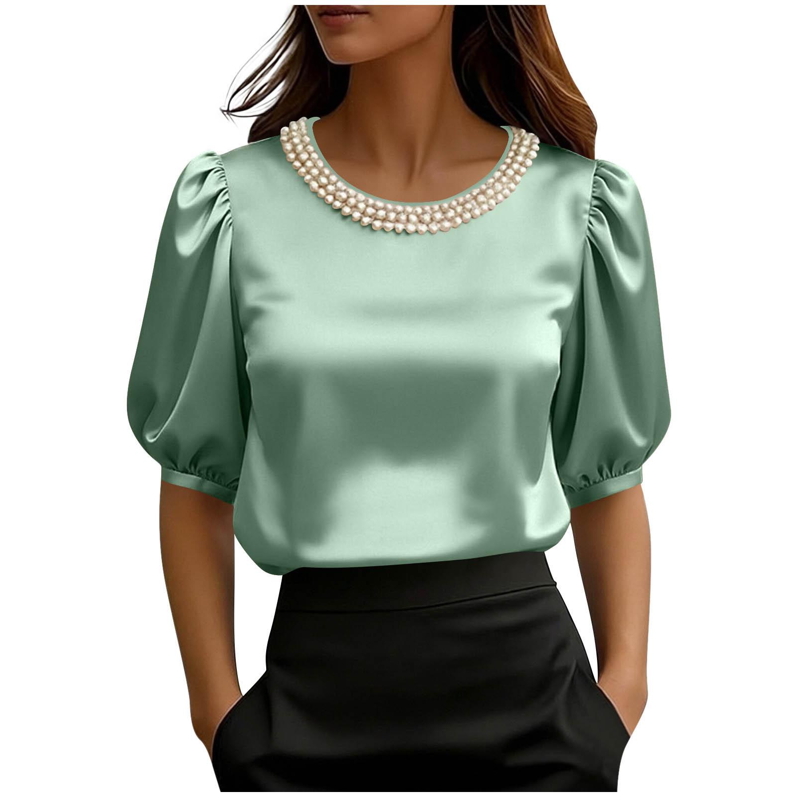 

Women s Fashionable Loose-Fit Satin Short-Sleeve T-Shirt With Pearl Collar L зелёный