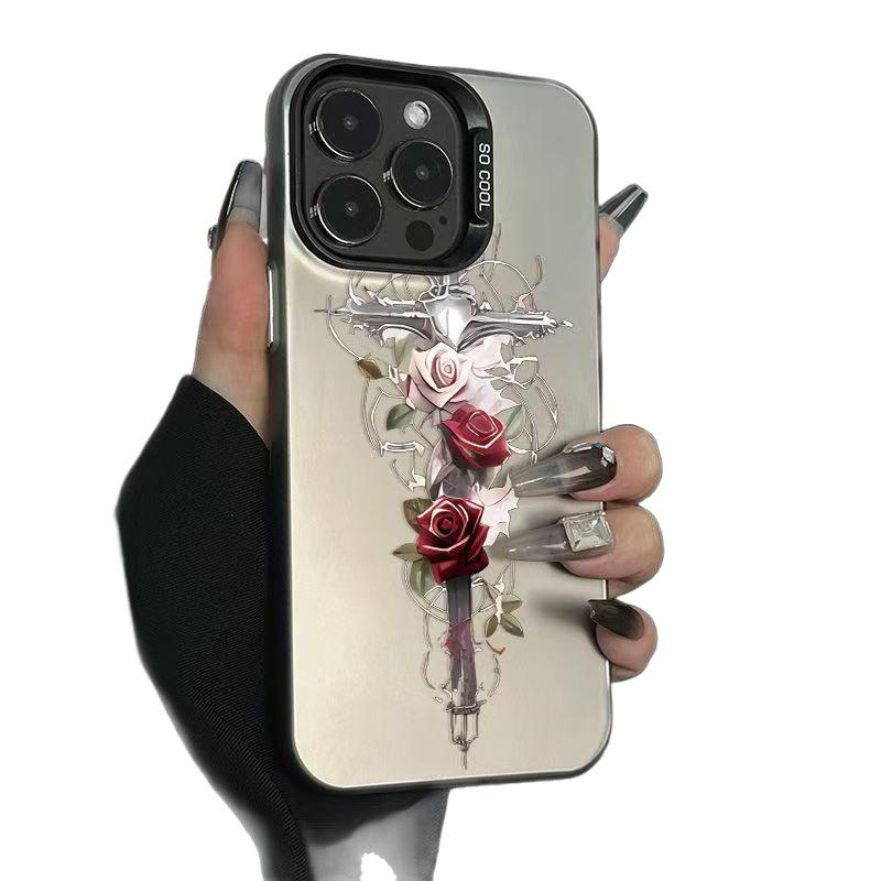 Carcasa de Concha de Plata de Ley Cross Rose para iPhone 17/16/15 Pro, 14 Pro Max, 13/12/11