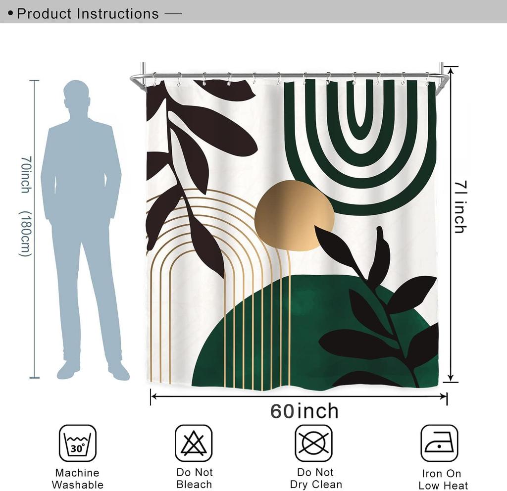 Miyotaa Emerald Green Abstract Shower Curtain Set 60Wx71H Inches Modern Mid Century Sun Leaves Plant Aesthetic Neutral Simple Ge