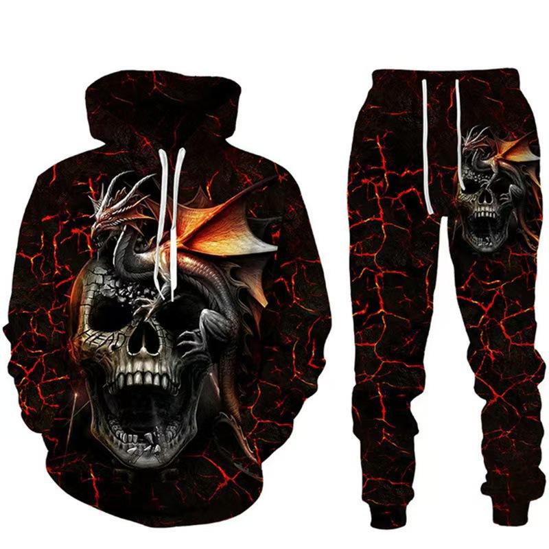 Hot Sale, Stylish 3D Skull Print Punk Sportswear, Pants Hoodie Couple Suit Street Trend
