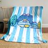 Blue and white vertical stripes with cartoon characters holding surfboards. for all seasons blanket lunch break throw gift