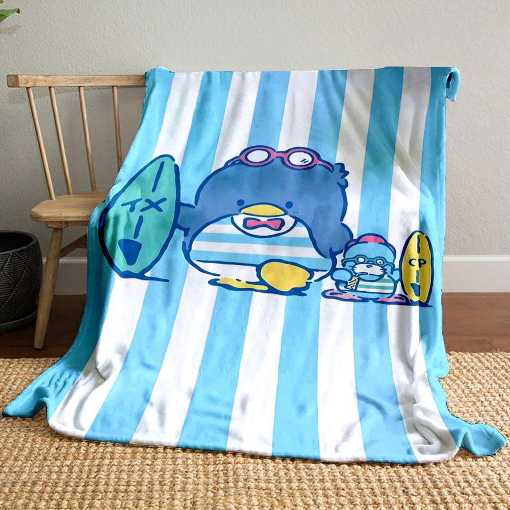 Blue and white vertical stripes with cartoon characters holding surfboards. for all seasons blanket lunch break throw gift