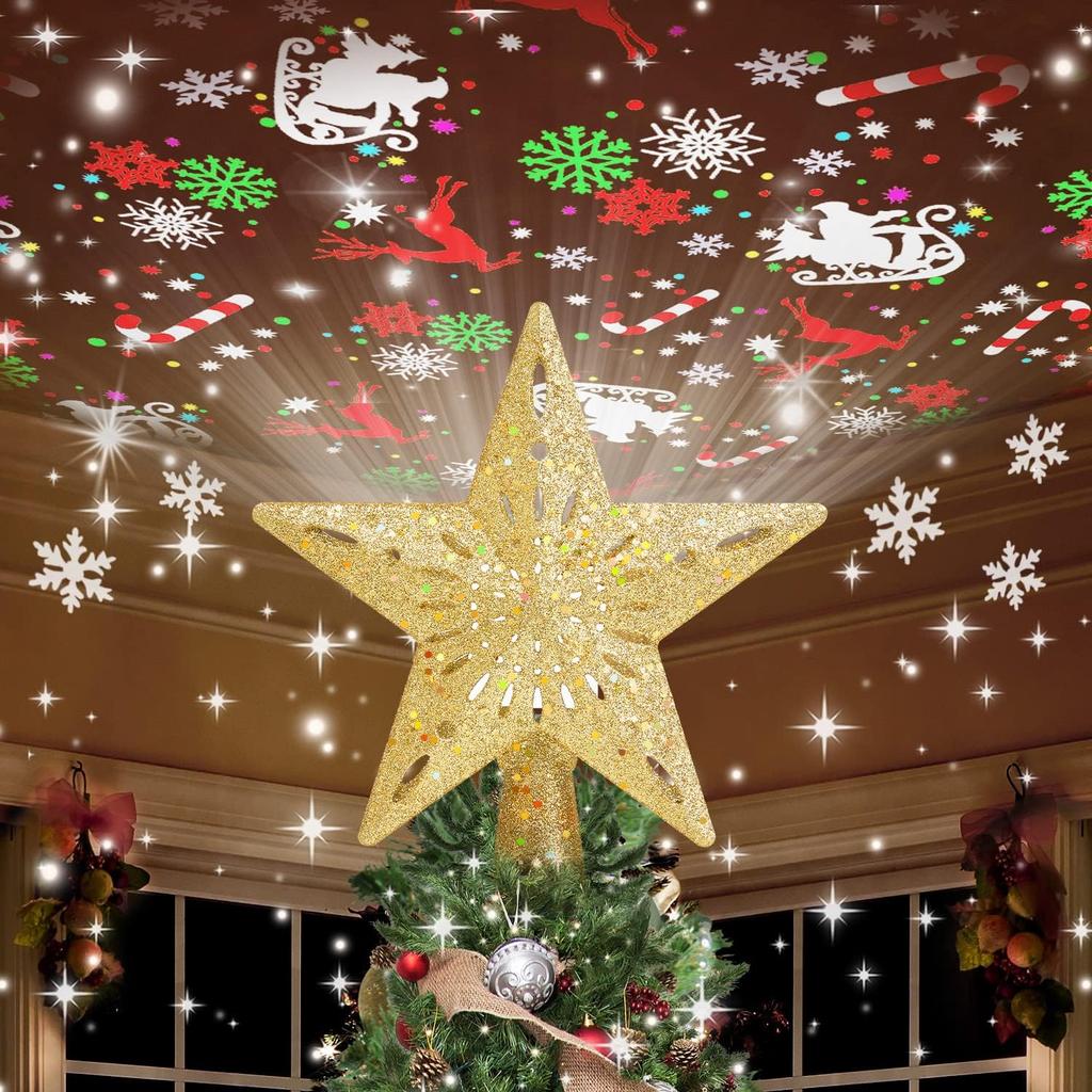 Kesfitt Christmas Tree Topper Star Lighted with 6 Projection Modes,Christmas Star Tree Topper with LED Rotating Lights,Gold Tree Topper 3D Glitter