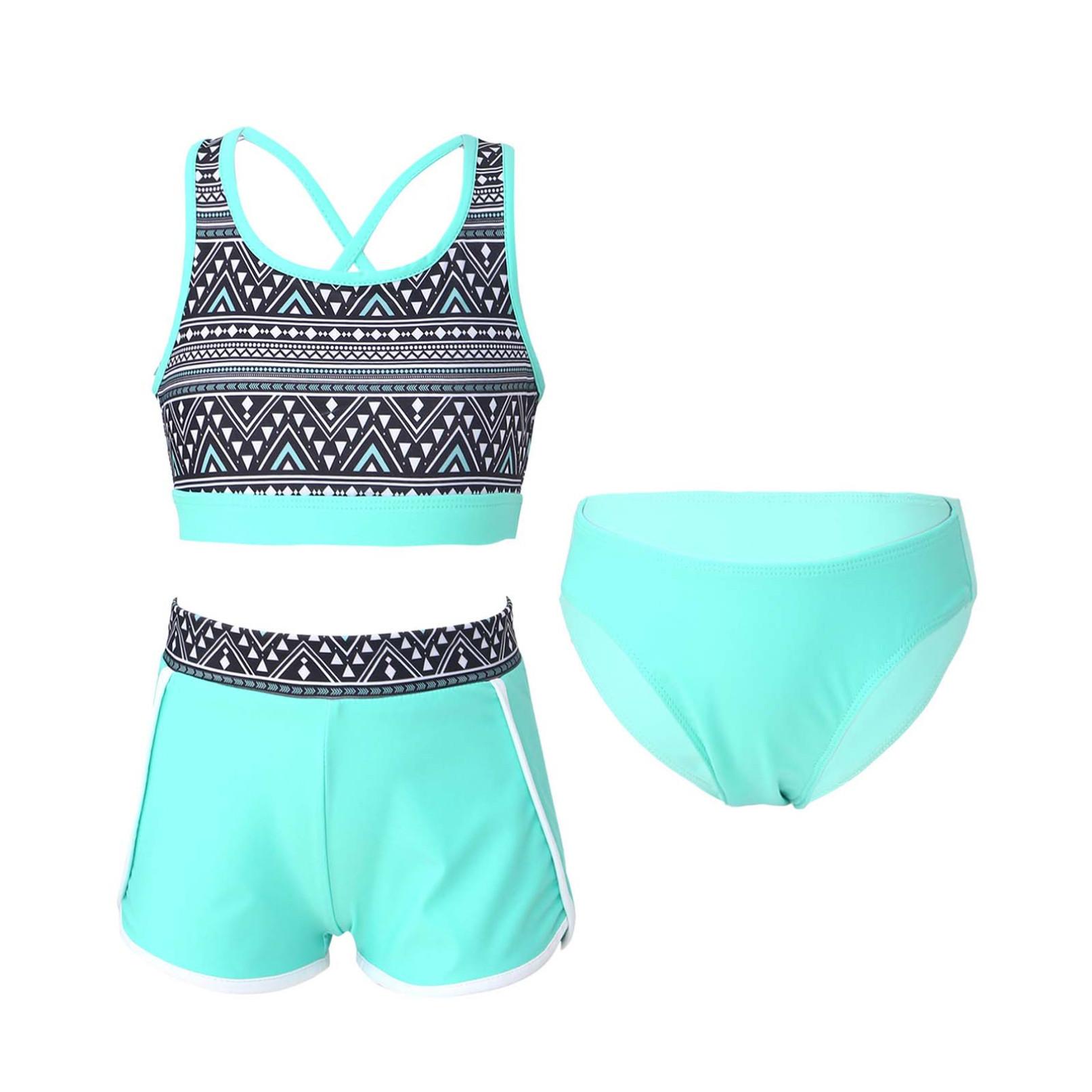 YONGHS 3-delige meisjesbikinisets met bloemenprint, badpak, rugloze top en bikinibroekjes, shorts, badkleding, maat 6-16 jaar 7-8 Years mintgroene kleur