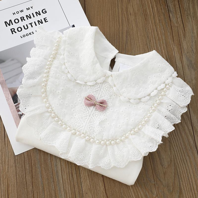 Girls' White Lace Trim T-shirt with Turn-down Collar - Autumn Style