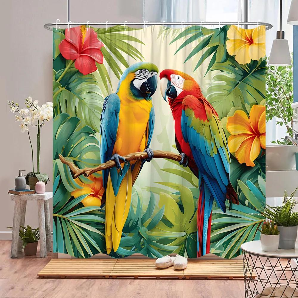 Papagei Duschvorhang Tukan Tropische Pflanze Tier Blume Blatt Ozean Flamingo Cartoon Polyesterstoff Badezimmerdeko Vorhänge