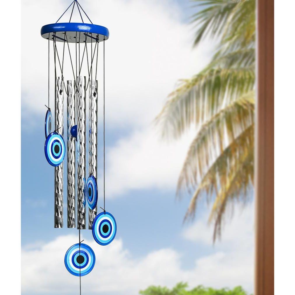 Evil Eye Wind Chimes for Home and Garden – Hanging Decoration Items Housewarming Gifts Room Décor for Living Room and Bedroom, 4 Silver Pipe