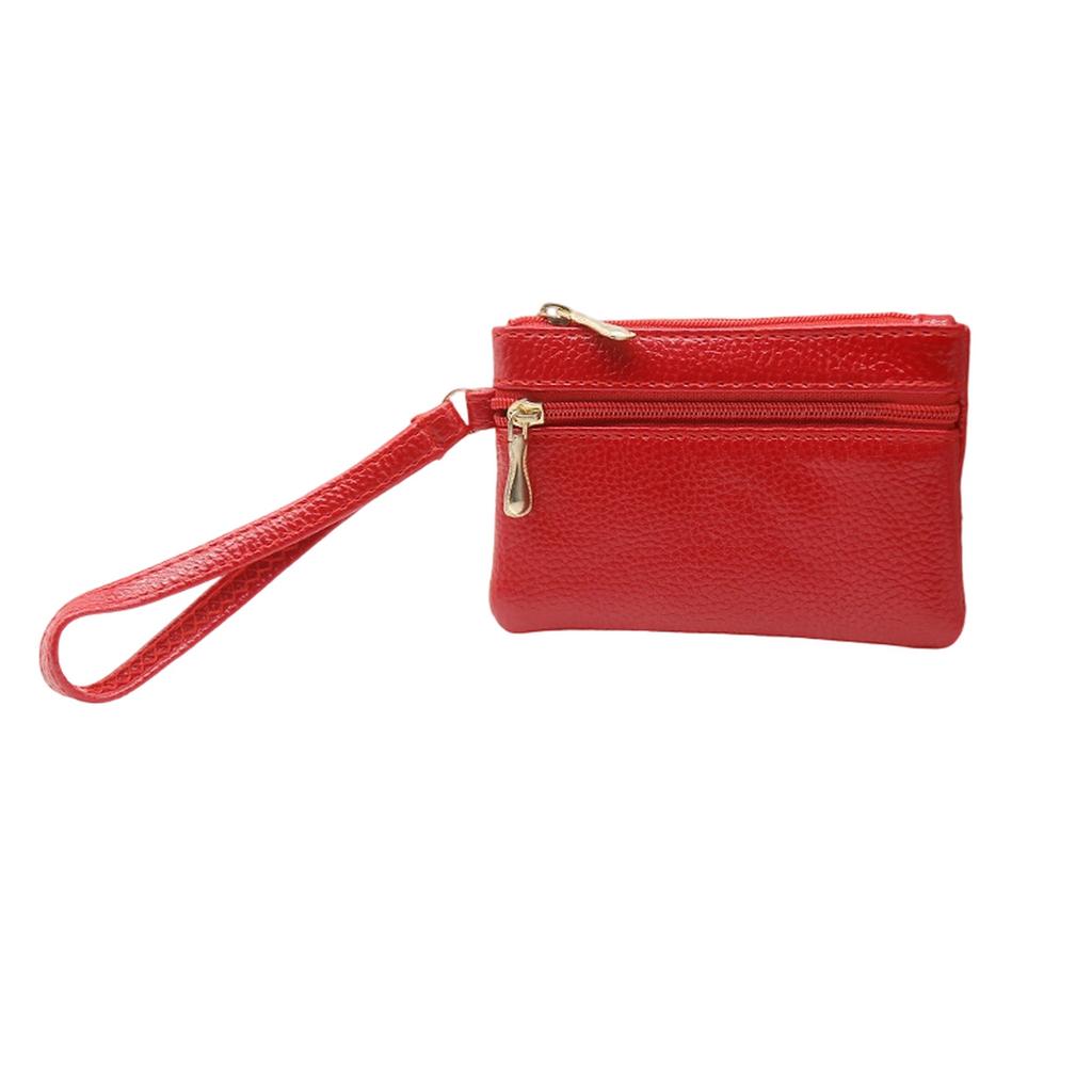 Çift fermuarlı ve düz renkli, modaya uygun PU bozuk para saklama çantası, kadınlar için hafif ve küçük kart çantası