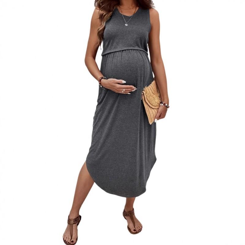 2025 Maternity Sleeveless Round Neck Solid Color Fitted Midi Dress With Pleats Office Casual Wear