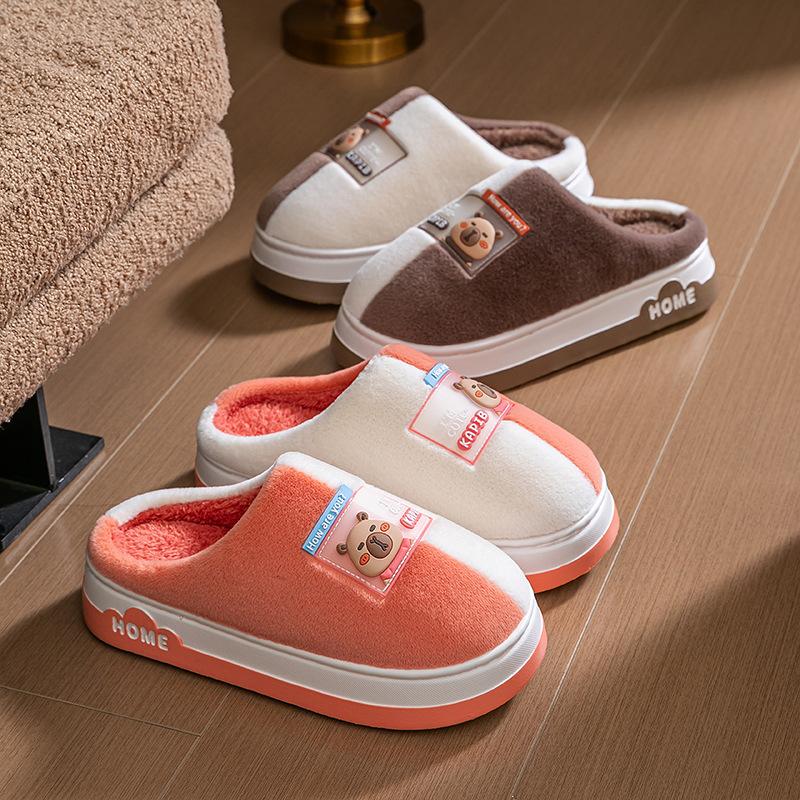 Cartoon Bear Label Cotton Drag EVA Sole, Autumn and Winter Leisure Indoor Home Velvet Thick-soled Warm Cotton Slippers
