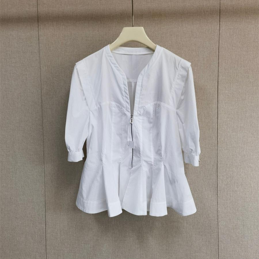 French Elegance 3D Cut V-Neck Zipper Pleated White Women s Shirt Medium