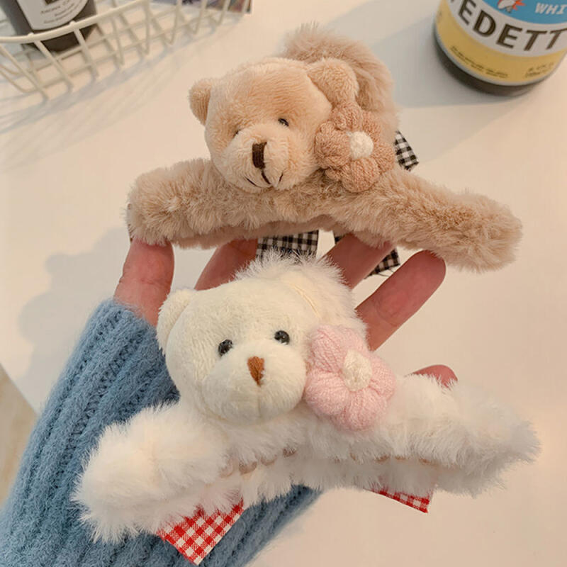 Soft teddy bear fake fur mink half-up hair clip brown