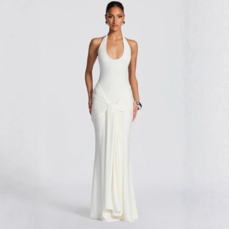 

Women s Clothing European American Style New Streamers Splicing Suspenders Long Dress Slim Bag Hip Hanging Neck S белый