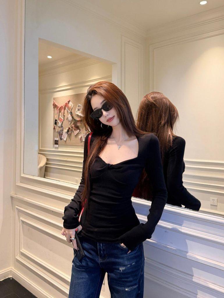 Chic Winter Women's Square Neck Slimming Knot Waist Long Sleeve Top