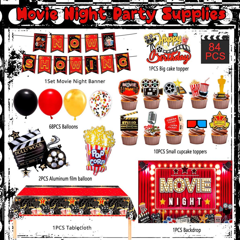 84Pcs Movie Night Party Decorations, Movie Night Party Supplies - Movie Night Party Balloons Backdrop Tablecloth&Movie Night Happy Birthday Banner etc