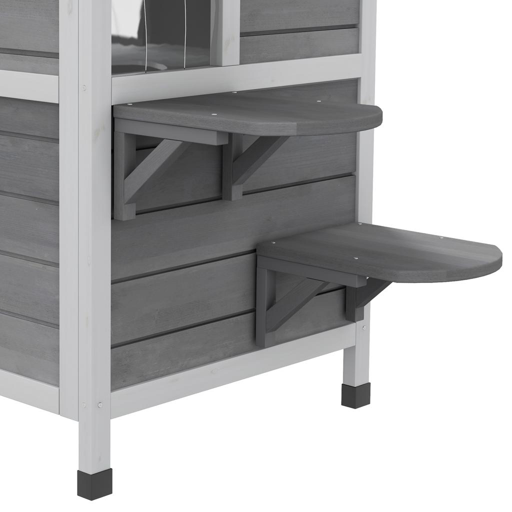 2-story Cat House Outdoor, Weatherproof Wooden Cat Enclosure with Escape Door, Openable Roof, Jumping Platforms, Grey