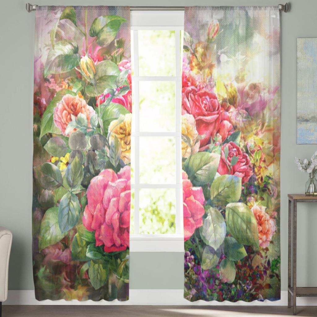 Bouquet Of Rose Watercolor Painting Style Tulle Curtains For Living Room Bedroom Christmas Chiffon Sheer Voile Kitchen Curtain
