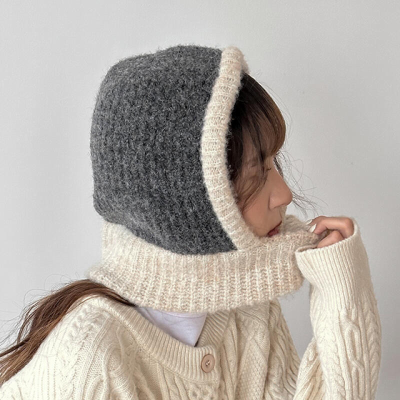 Two-tone knit button balaclava ac-9428c beige