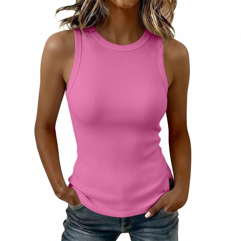 Women Sleeveless Tank Top Slim Fit Ribbed Knit Round Neck Split Hem Casual Summer Shirt