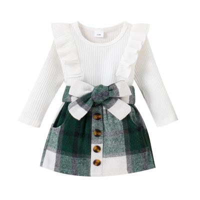 Baby Girls Autumn Outfit Sets 3M 6M 9M 12M 18M Solid Color Long Sleeve Ruffle Romper + Plaid Skirt with Belt