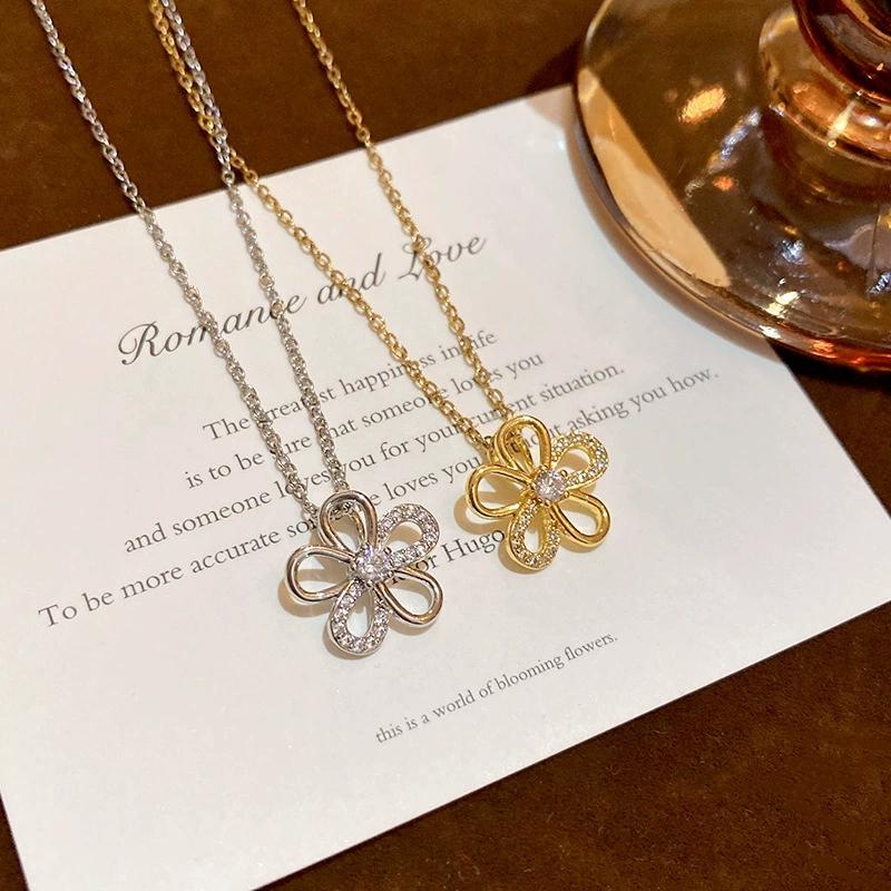 Stainless Steel Zircon Flower Necklace for Women Luxury Rhinestone Exquisite Elegent Sweet Clavicle Chain Y2K Jewelry No Fading