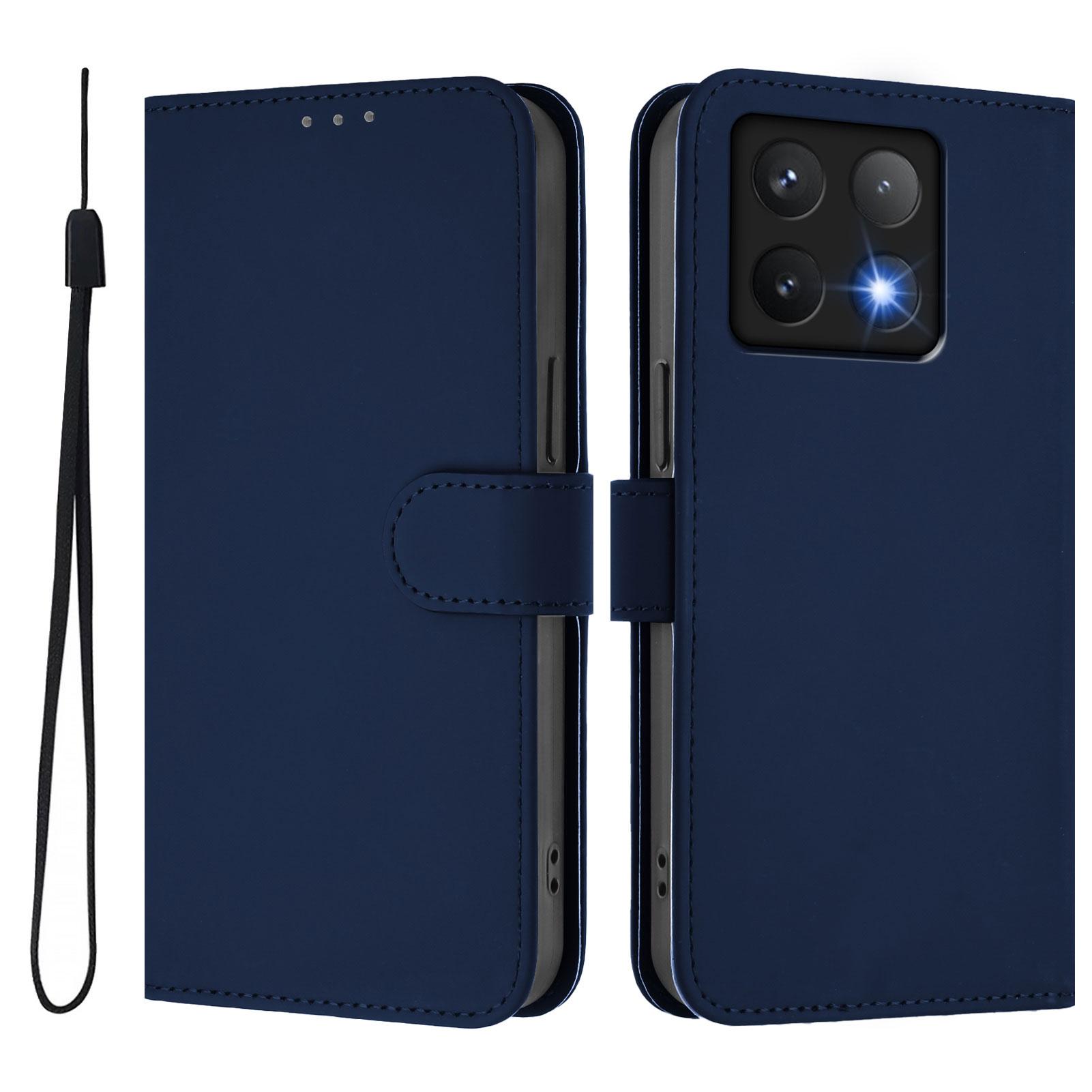 

For Xiaomi 14T Pro Case Solid Color Wallet Leather Phone Cover with Strap Navy Blue