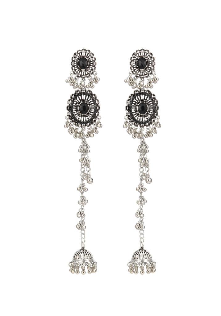 Indian Style Rhinestone Tassel Earrings with Oval Crystal