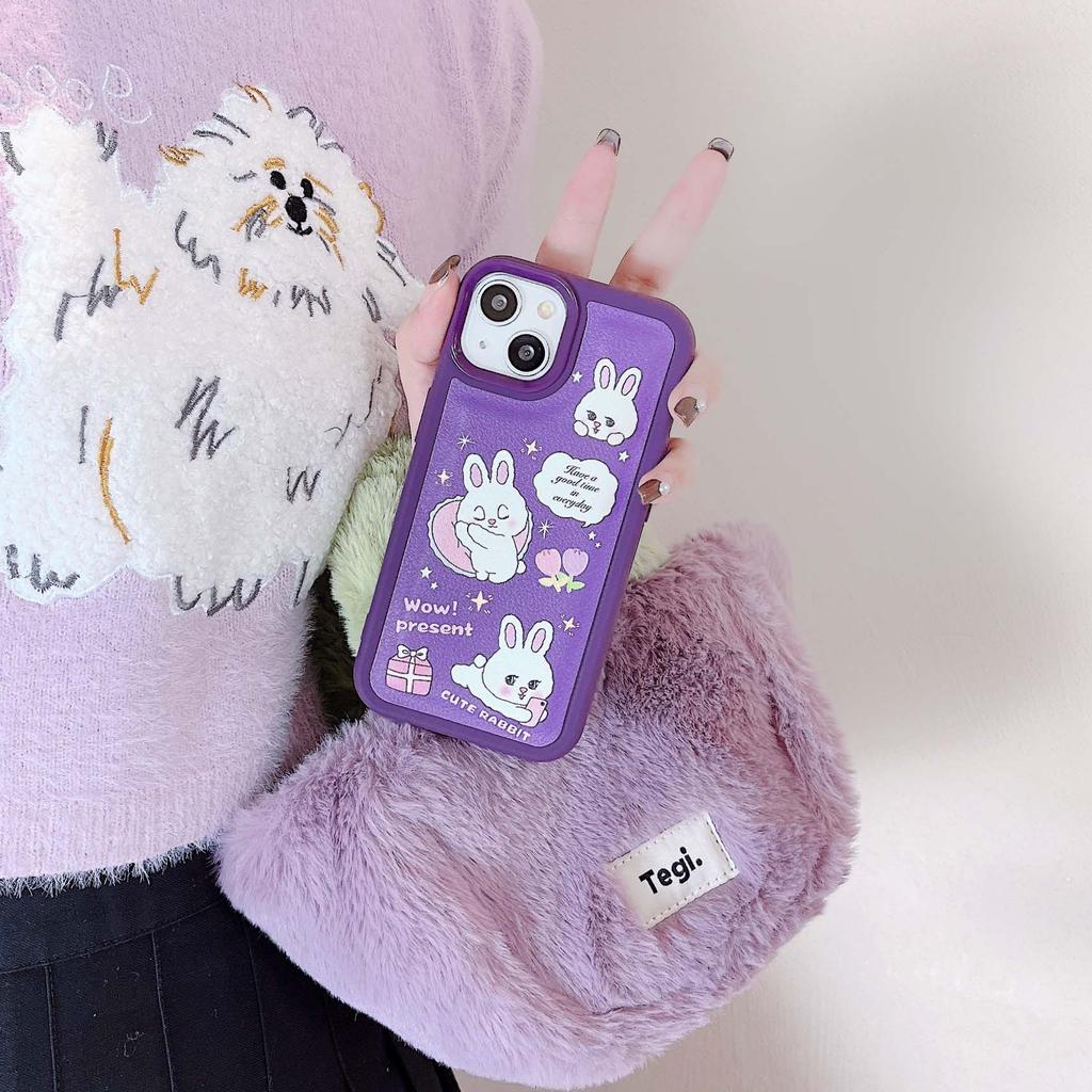 Ins Rabbit Purple Bunny Cartoon Leather Silicone Soft Cute Phone Case For Iphone 11 12 13promax 14 Pro Max Plus Xsmax X Xr Cover