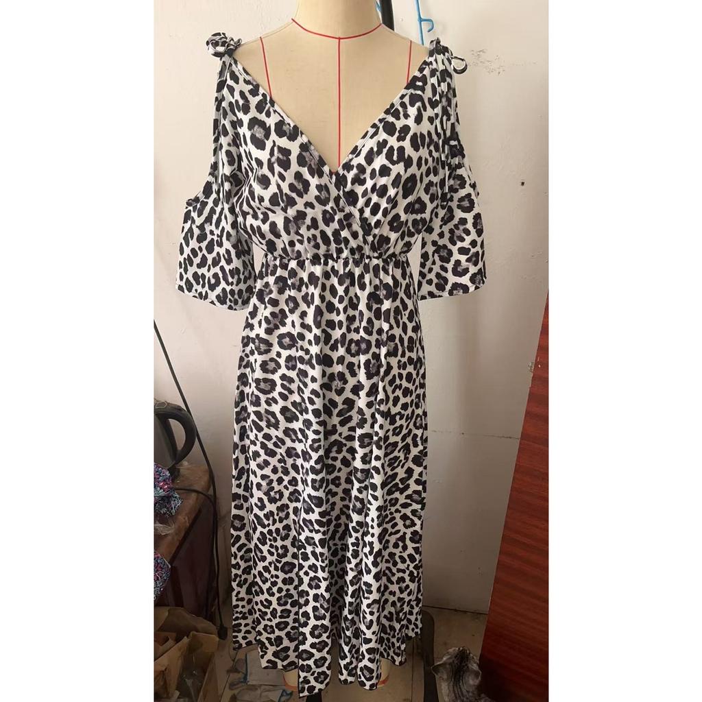 Women's Sexy Leopard Print Midi Dress, Spaghetti Strap with 1/2 Sleeves, European American Style Casual Evening Party Dress for Women