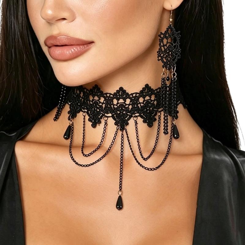 Black Lace Centerpiece Neck Jewelry Set Gothic Statement Accessories for Themed Photo Shoots, Festivals and Halloween Looks