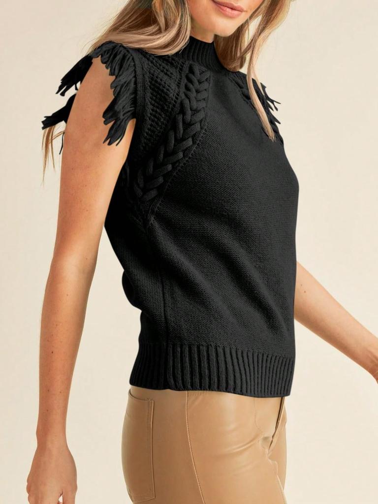 Vestă pulover tricotată cu torsade pentru femei, guler înalt, franjuri, stil boho, fără mâneci, pulover, maiou