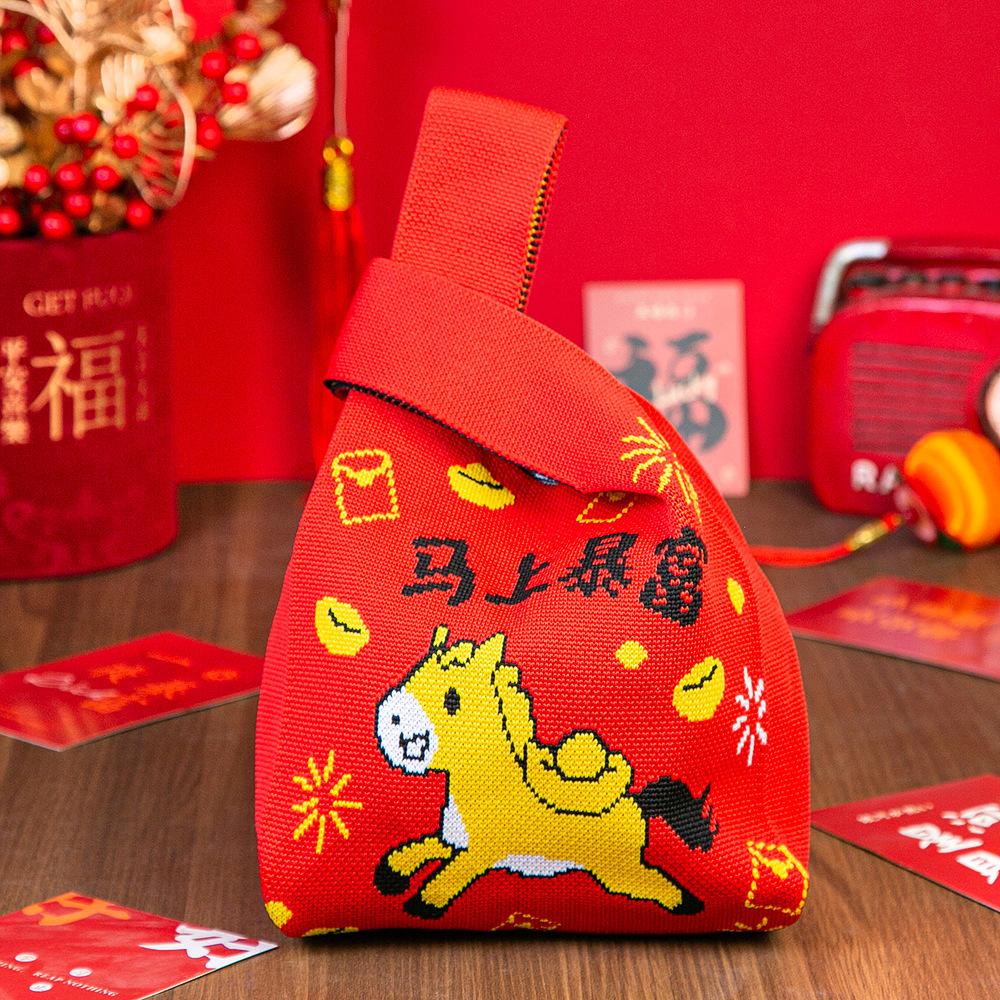 Jahr des Pferdes Roter Knoten Handgelenk Handtasche Cartoon Maskottchen Pony Gestrickte Süßigkeiten Tragetasche Wiederverwendbare Einkaufstasche Geschenkverpackungsbeutel