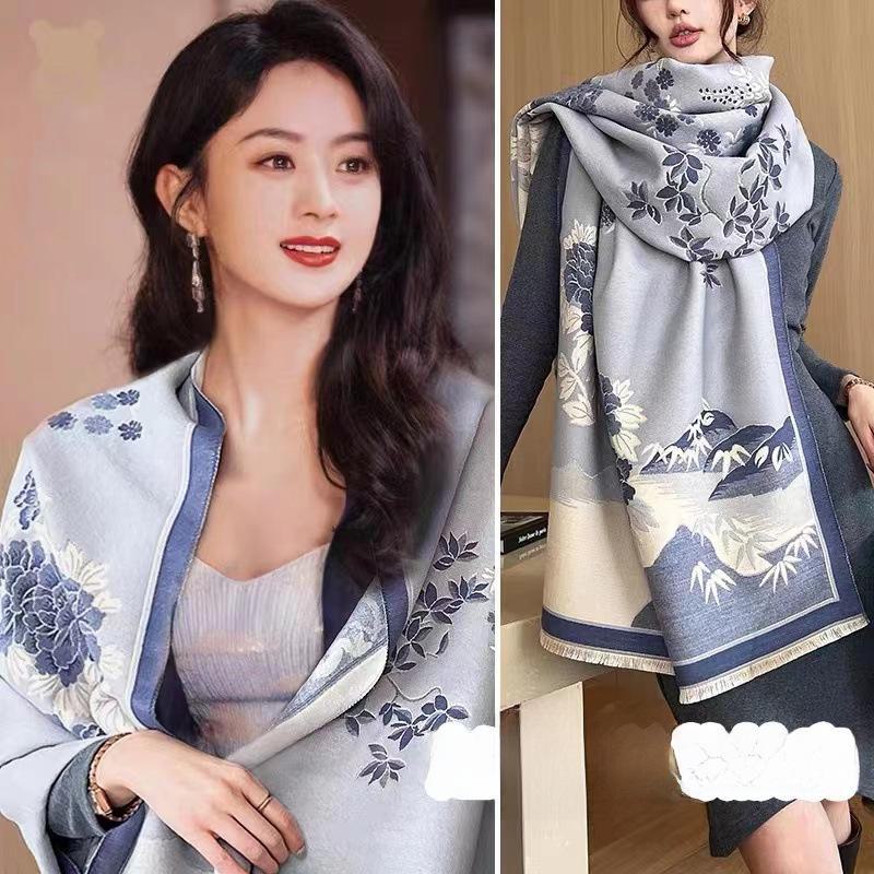 Women's Winter Ink Painting Scarf Shawl - High-End Imitation Cashmere, Knitted for Warmth and Style