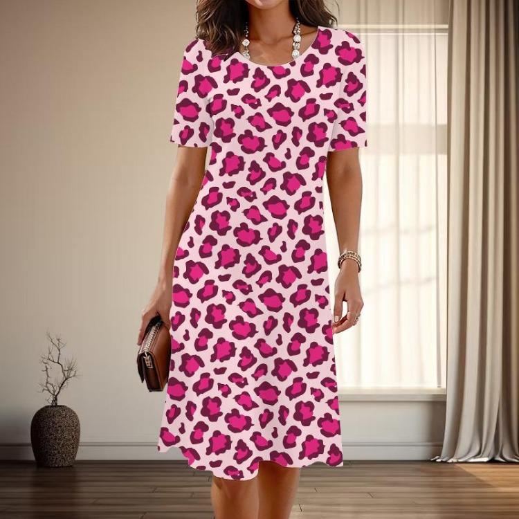 Graceful Leopard Print Casual Dress Women Summer Spring Short Sleeve O Neck Fashion