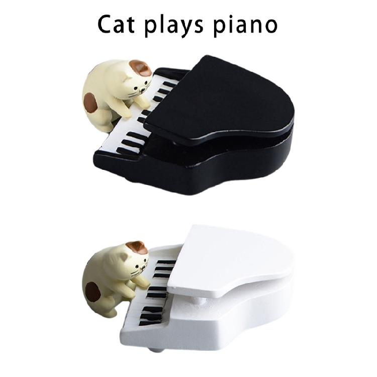 Mini Cats Pianist Sculptures Set 2Pcs Cats and Piano Miniature Models Ornaments for Car Dashboards and Office Decors