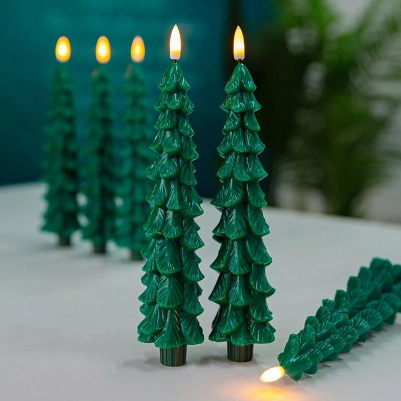 4/2pcs Christmas Tree LED Flameless Candles Light with 3D Flame Wick Green LED Candlesticks Operated for Christmas Home Decor