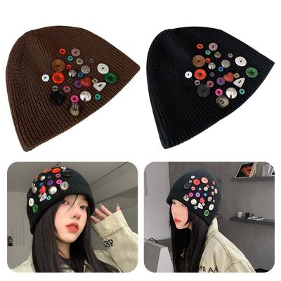 Thickened Knit Hat for Women Girls Elastic Beanie Cap with Button Decors Outdoor Activity Sports Skiing Hat Headdress