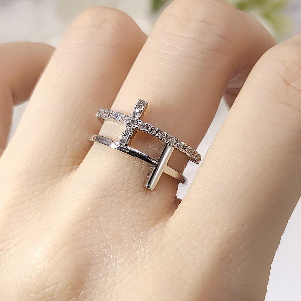 Double Cross Rings for Women Minimalist Cubic Zirconia Rose Gold Finger Accessories Female Jewelry Large Size R758