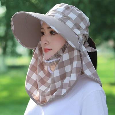 Summer Farm Work Sunscreen Cap Ultraviolet Big Brim Face Mask Underground Cycling Women's Plaid Sun Hat