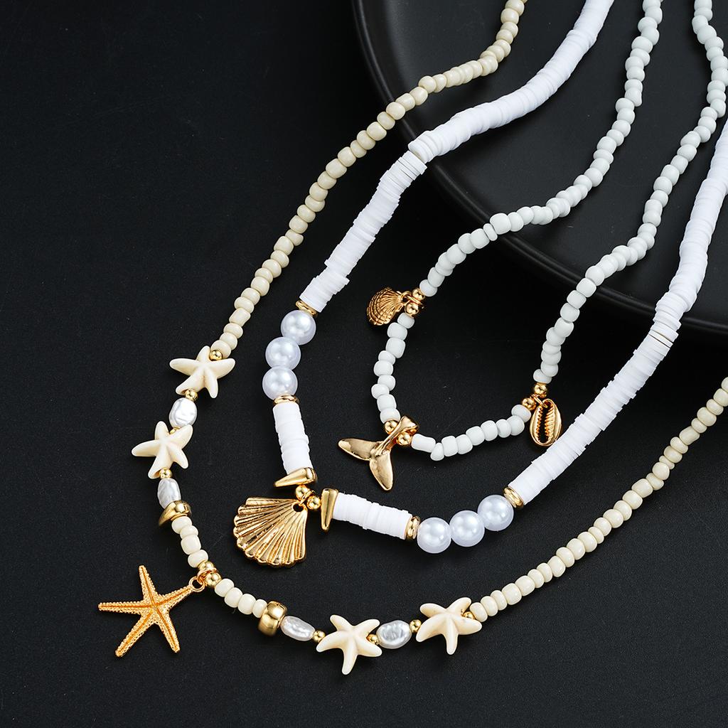 3Pcs/Set Conch Fish Tail Starfish Pendant Necklaces for Women Bohemian White Color Rice Beads Shell Necklaces Sets Beach Jewelry