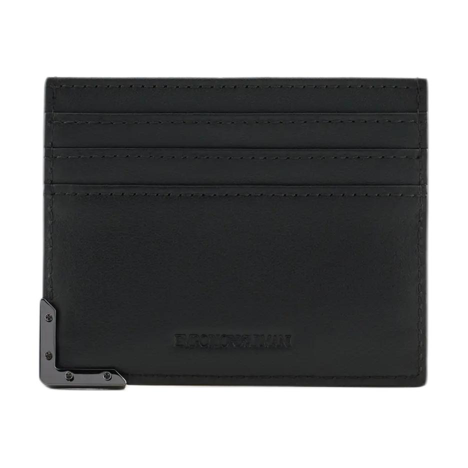 Emporio Armani Flat Multi-Card Slot Decorative Embossed Leather Card Holder Men Card Holder Black YEM320-YQ82X-80001
